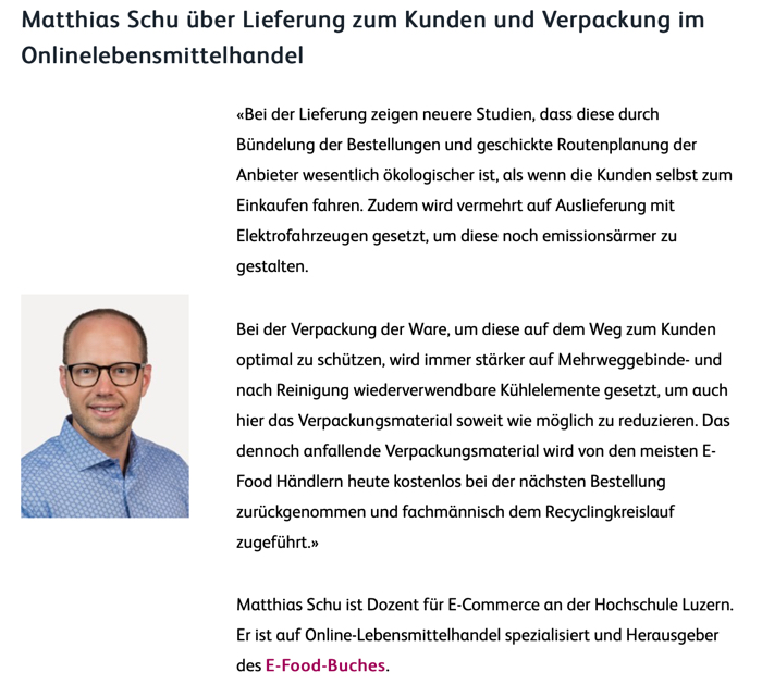 Nachhaltigkeit und Regionalist sind auch in der aktuellen Onlinehändlerbefragung 2 wichtige Trends aus Kundensicht - Dr. Matthias Schu, E-Food Experte, im Interview für das IKM der Hochschule Luzern